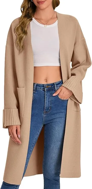 Bloggerlove Women's Open Front Knit Cardigan Casual Long Coatigan Sweater Lady Jacket Coat 2024 Fall Outerwear