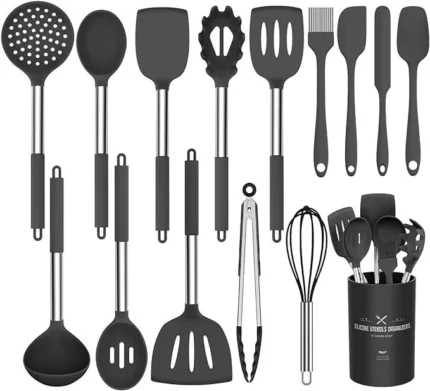 Silicone Cooking Utensil Set, Umite Chef 15pcs Silicone Cooking Kitchen Utensils Set, Non-stick - Best Kitchen Cookware with Stainless Steel Handle - Black