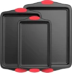 NutriChef 3-Piece Nonstick Kitchen Oven Baking Pans - Premium & Stylish Non-Stick Steel, Commercial Grade Restaurant Quality Metal Bakeware with Red Silicone Handles - Easy to Clean, NCSBS3S