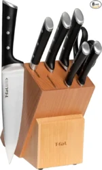 T-fal Ice Force German Stainless Steel Kitchen Knife Set and Wood Block 8 Piece, Long Lasting Sharpness, High Cutting Precision, Superior Durability, Ultra Sharp Blades, Cookware Kitchen Gadget Black