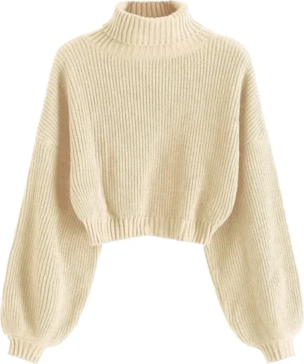 ZAFUL Women's Cropped Turtleneck Sweater Lantern Sleeve Ribbed Knit Pullover Sweater Jumper