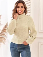 ZAFUL Women's Cropped Turtleneck Sweater Lantern Sleeve Ribbed Knit Pullover Sweater Jumper