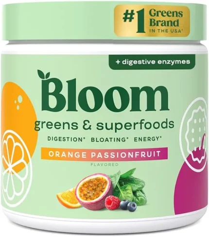 Bloom Nutrition Superfood Greens Powder, Digestive Enzymes with Probiotics and Prebiotics, Gut Health, Bloating Relief for Women, Chlorella, Juice Mix w/Beet Root Powder, 30 SVG, Orange Passionfruit