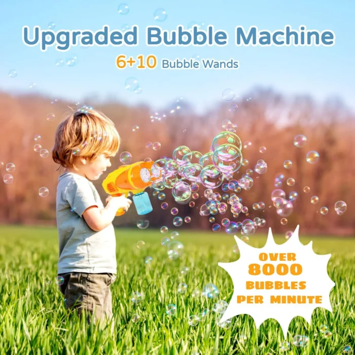 Bubble Gun, Bubble Machine for Toddlers with 4 Pack Refill Solution, 16 Holes Bubble Maker Blower, Automatic Bubble Gun for Kids, Outdoor Toy, Summer, Wedding, Easter, Party