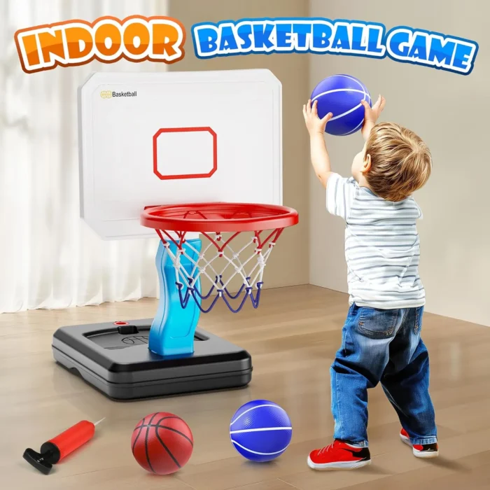 VERSATILE ADJUSTABLE BASKETBALL HOOP: The toddler basketball hoop adaptability allows for easy height adjustments, ranging from 27 to 55 inches, suitable for kids of all ages and skill levels. This toddler basketball hoop is the all-rounder for indoor play, outdoor fun, or poolside excitement STABILITY DESIGN: This basketball hoop for pool features a support frame design. At the base and vertical pole, there are ports where you can fill them with water or sand, and then use weights to secure them. The triangular support design ensures excellent stability, so you don't have to worry about it being knocked over POOL BASKETBALL HOOP: Elevate the summer poolside experience for kids with this pool mini basketball hoop, designed to bring endless of joy in the waters. Comes with 4 mini basketballs and a pump, making it easy for you to start the pool basketball game and enjoy quality time with family and friends EASY TO INSTALL: This kids outdoor basketball hoop includes a basketball hoop, 4 mini basketballs, and 1 pump. All parts adopt convenient snap-lock designs, no tools needed for installation. With a clear manual to help you complete the installation in a few minutes, start the water basketball game quickly PERFECT GIFT FOR KIDS: Place this poolside basketball hoop by the pool, backyard, or your kids bedroom—it will provide endless fun for basketball enthusiasts. This mini basketball hoop is an ideal gift for boys or girls aged 2 3 4 5 6 7 8. Adjustable height makes the hoop suitable for kids of different ages and scenes, perfect for indoor, outdoor use and poolside settings