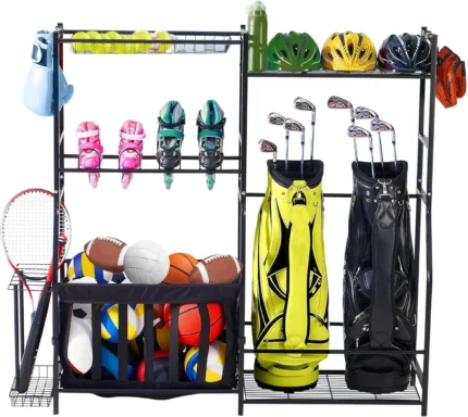 LUGO Garage Sports Equipment Organizer with Baskets and Hooks, Indoor/Outdoor Golf Bag Stand with Bins and Baskets, Ball Holder and Rack, for Home, Garage, Kids Toys, Sports Gear