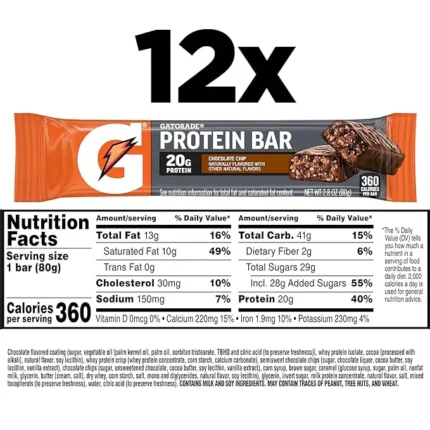 Gatorade Whey Protein Recover Bars, Chocolate Chip, 2.8 ounce(Pack of 12)