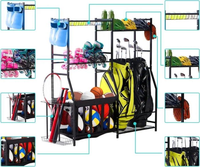 LUGO Garage Sports Equipment Organizer with Baskets and Hooks, Indoor/Outdoor Golf Bag Stand with Bins and Baskets, Ball Holder and Rack, for Home, Garage, Kids Toys, Sports Gear