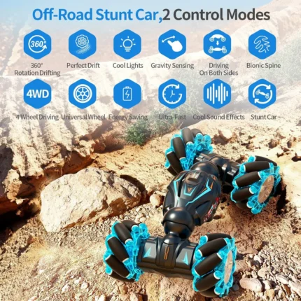 RC Stunt Car, 2.4GHz 4WD Remote Control Gesture Sensor Toy Cars, Double Sided Rotating Off Road Vehicle 360° Flips with Lights Music, Toy Cars for Boys & Girls Birthday