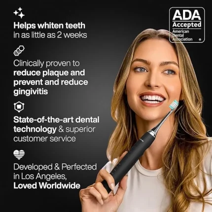 Aquasonic Black Series Ultra Whitening Toothbrush – ADA Accepted Electric Toothbrush- 8 Brush Heads & Travel Case – 40,000 VPM Electric Motor & Wireless Charging - 4 Modes w Smart Timer