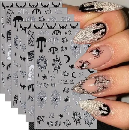 Halloween Nail Art Stickers Decals 3D Halloween Spider Web Bat Nail Stickers 6PCS Black Silver Spider Pumpkin Skeleton Design Glitter Halloween Nails Adhesive Sliders for Women Nail Art Decorations